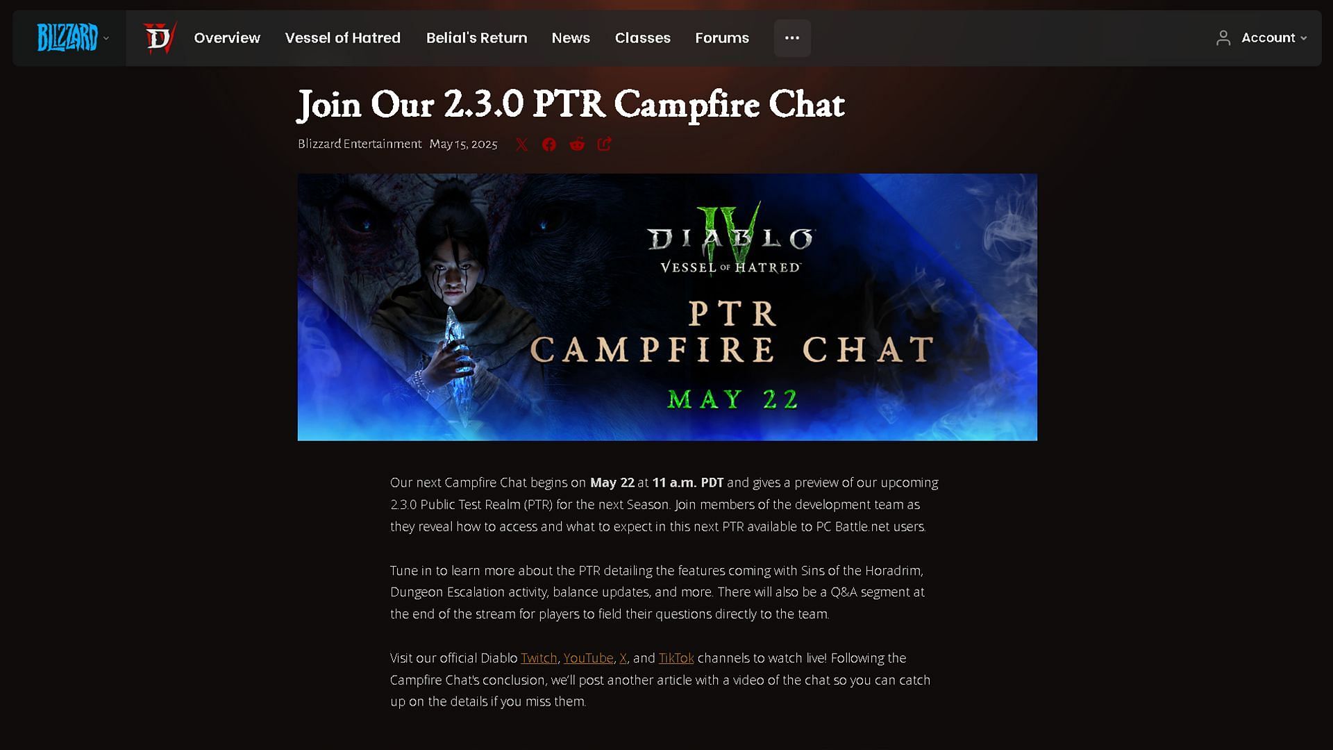 Blizzard will stream the Campfire Chat across several of its official platforms (Image via Blizzard Entertainment)
